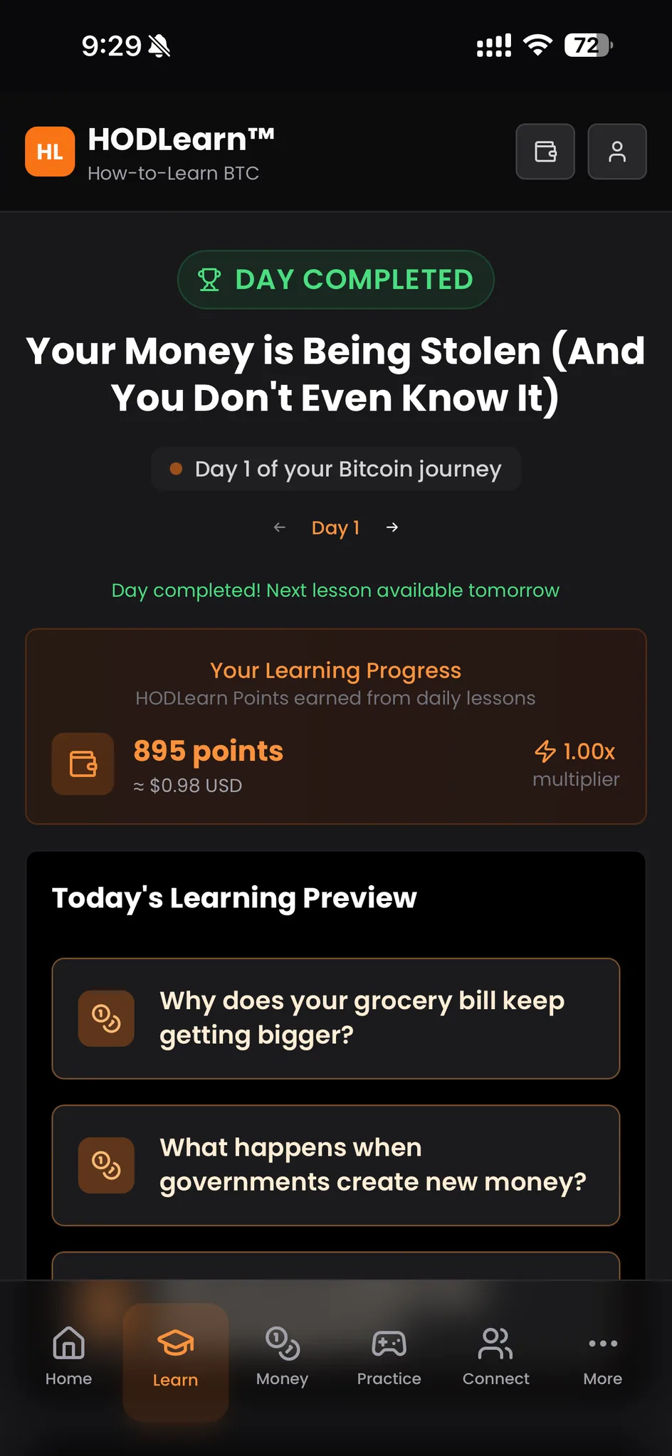 The HODLearn app showing a completed daily lesson and HODLearn Points earned