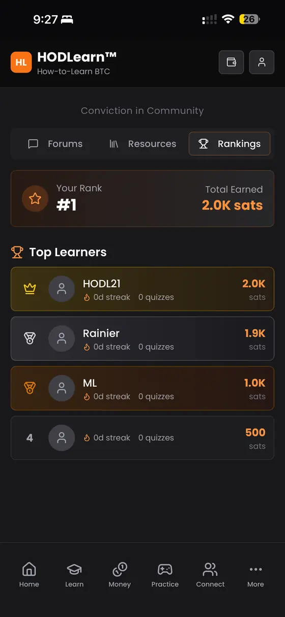 The HODLearn rankings screen: your rank and the top learners leaderboard in sats