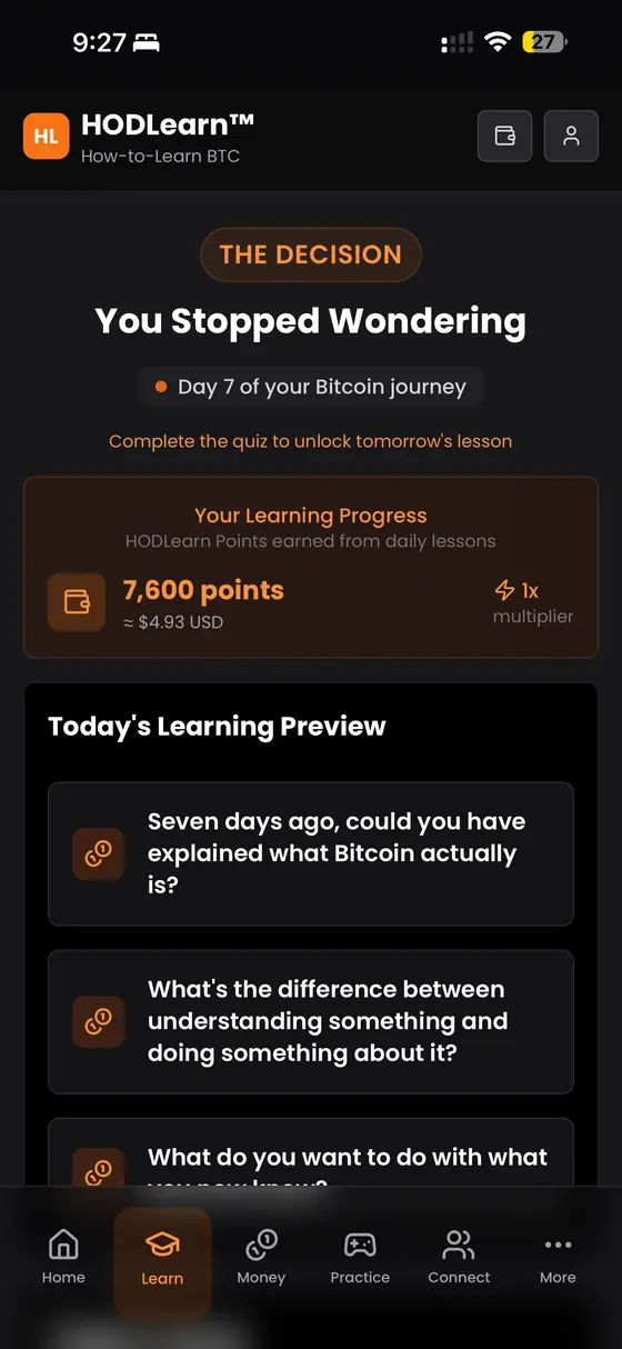 The HODLearn Learn tab: day 7 of the Bitcoin journey with today's lesson preview