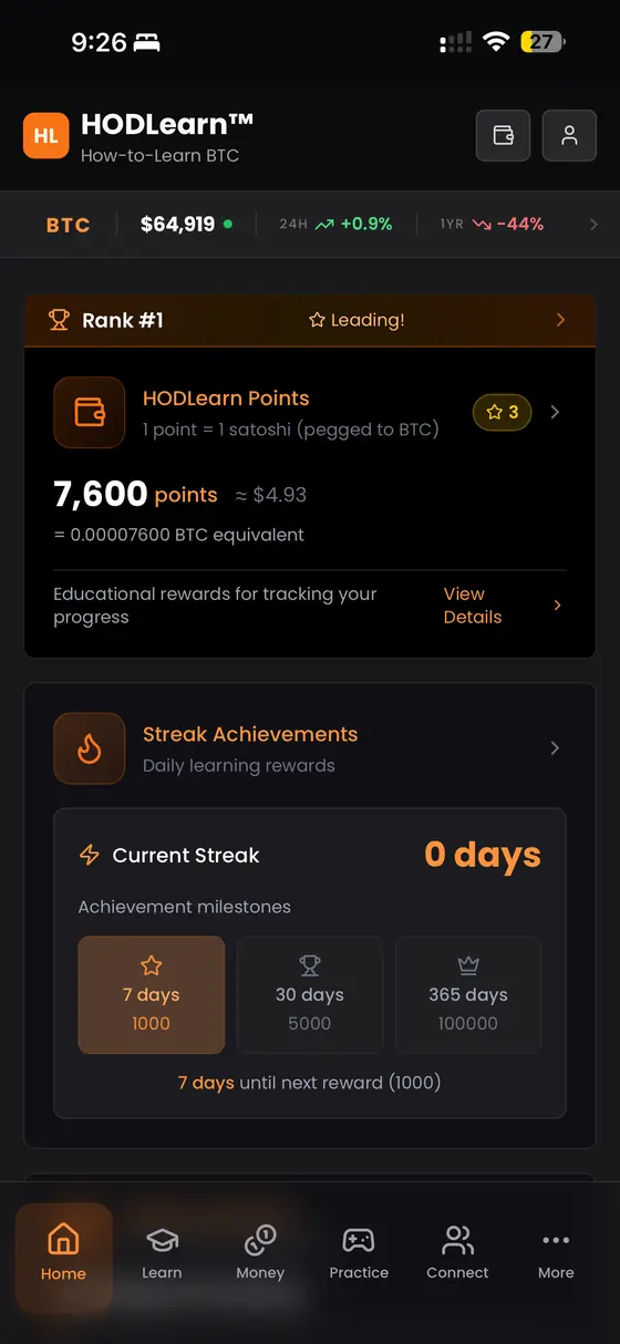 The HODLearn home screen: HODLearn Points balance and streak achievements