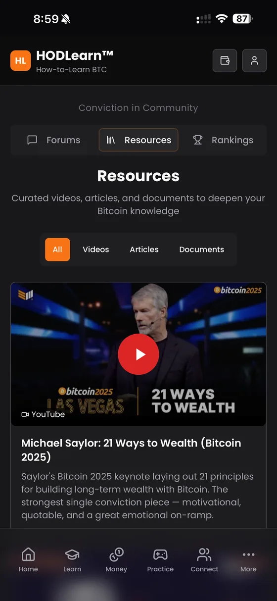 The HODLearn Resources tab: curated Bitcoin videos, articles and documents with category filters