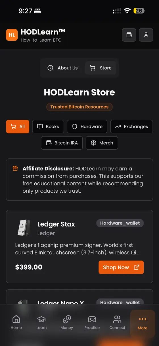 The HODLearn store: vetted hardware wallets with an affiliate disclosure